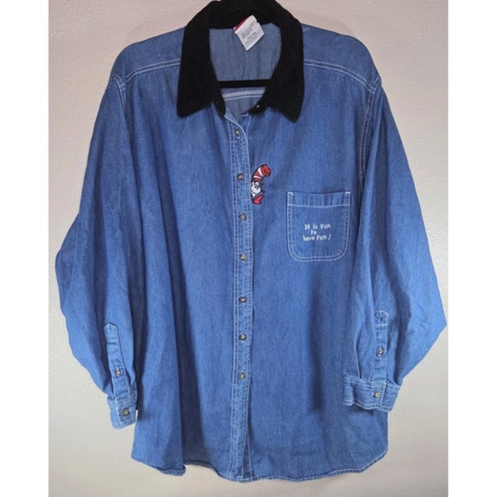 Dr Seuss Cat in the Hat Denim Button Up Shirt Women Plus Size 26W 28W...‎